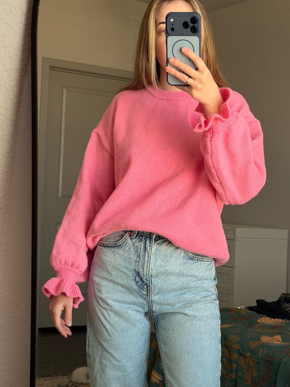 Women's Pink Ruffle-Cuff Sweater - Picture 2 of 3